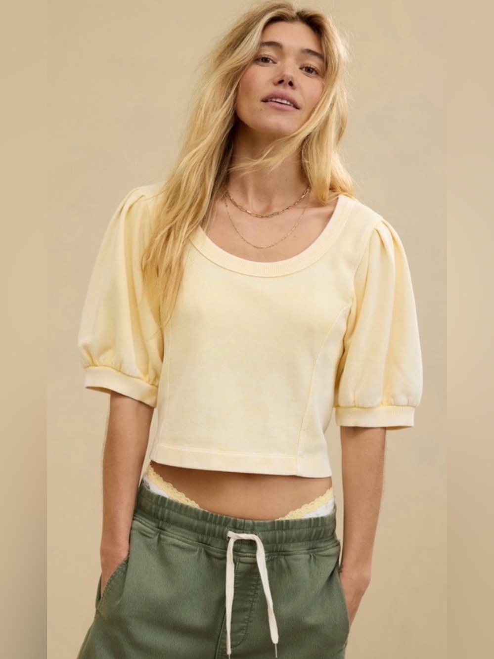 Aerie Seams Right Cropped Puff Short Sleeve sweatshirt Butter Yellow